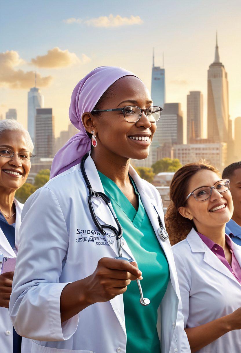 A dynamic scene depicting a diverse group of patients and advocates united, holding placards with empowering messages about oncology awareness. An uplifting atmosphere with sunlight streaming down on them, symbolizing hope and action. Background features a city skyline with symbols of healthcare like stethoscopes and medication bottles. Vibrant colors highlighting camaraderie and resilience. super-realistic. vibrant colors. white background.