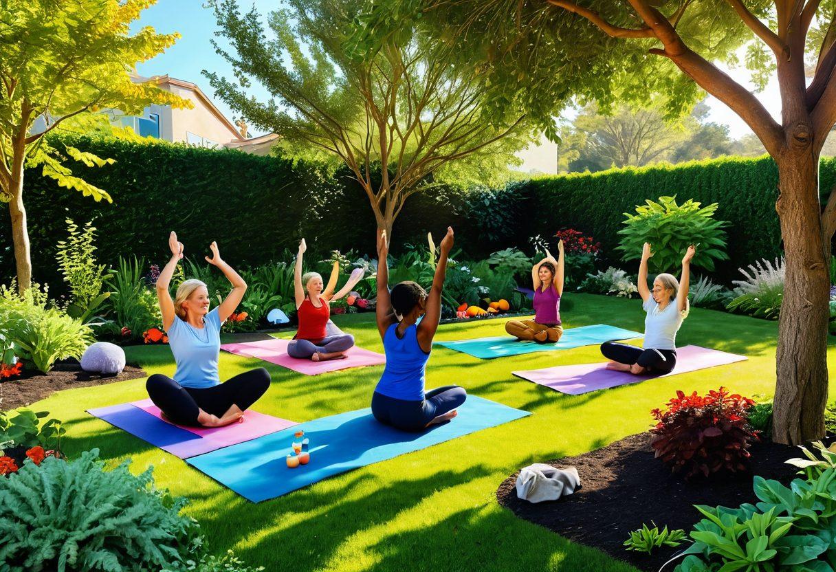 A vibrant garden representing wellness and transformation, with diverse individuals engaging in healthy activities like yoga, gardening, and cooking together, radiating joy and resilience. Include symbols of preventive care like a stethoscope and fresh fruits around them. Soft sunlight filtering through trees to evoke a sense of hope and renewal. super-realistic. vibrant colors. 3D.